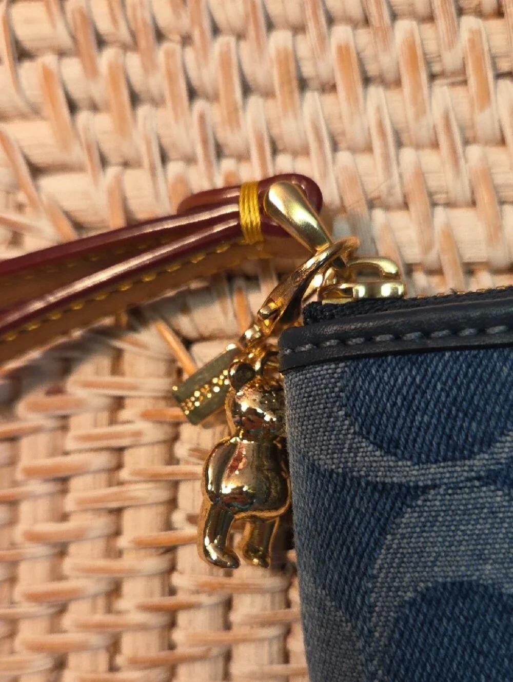 COACH Blue Signature Zip Wristlet with Brown Strap